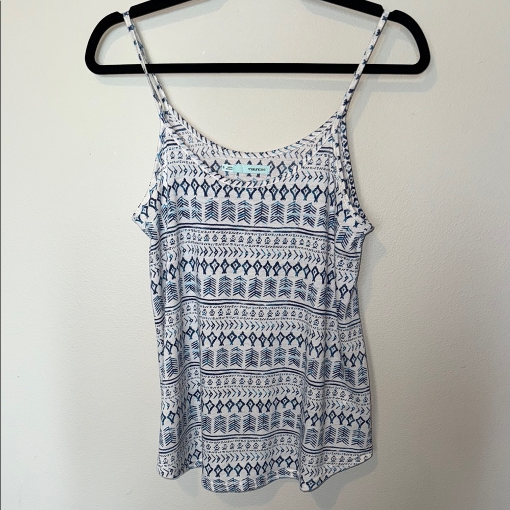 Maurices Tank Top White Blue Aztec Flowy Summer Spagetti Strap Women’s Small